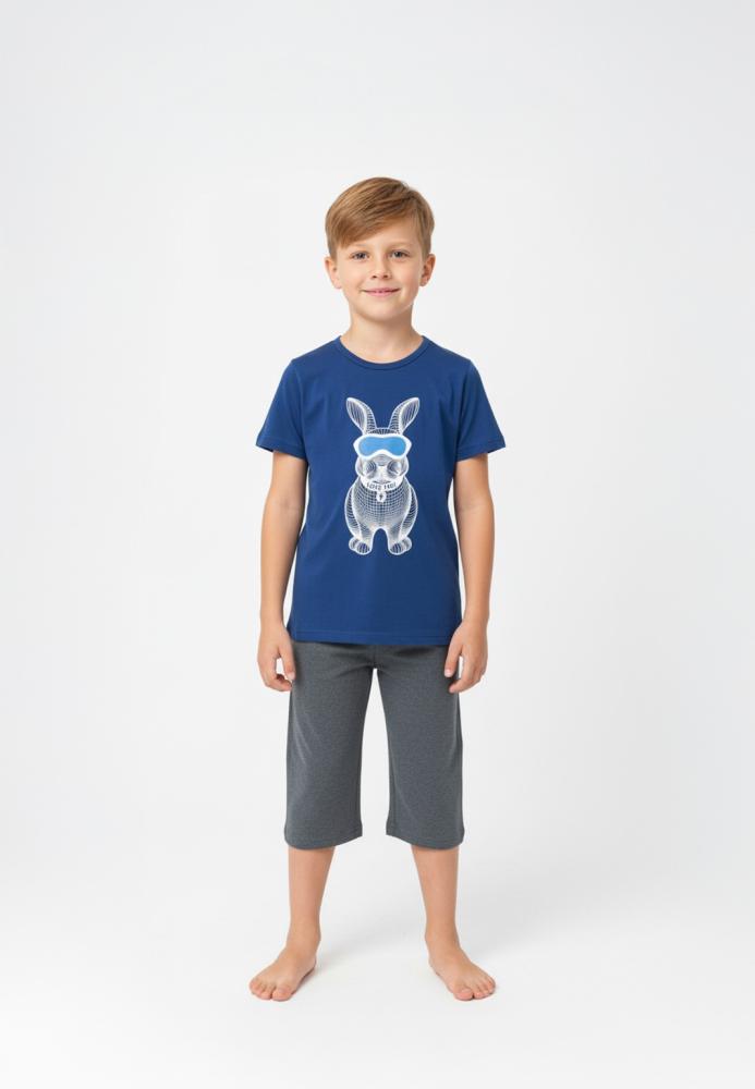 Pijama copii cu maneca scurta si pantaloni 3/4,culoare bleumarin,Engros